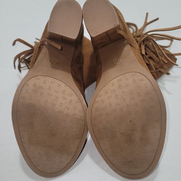 Women 8.5 Fringe Brown Peep Toe Block Heel‎ AnkleBoots Festival Boho Cowgirl Y2K - Picture 6 of 10